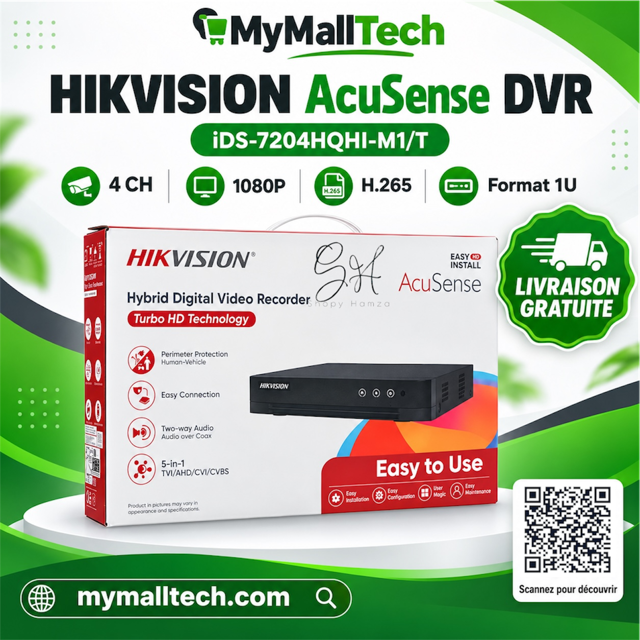 Hikvision DVR AcuSense 4 canaux 1080p 1U H.265